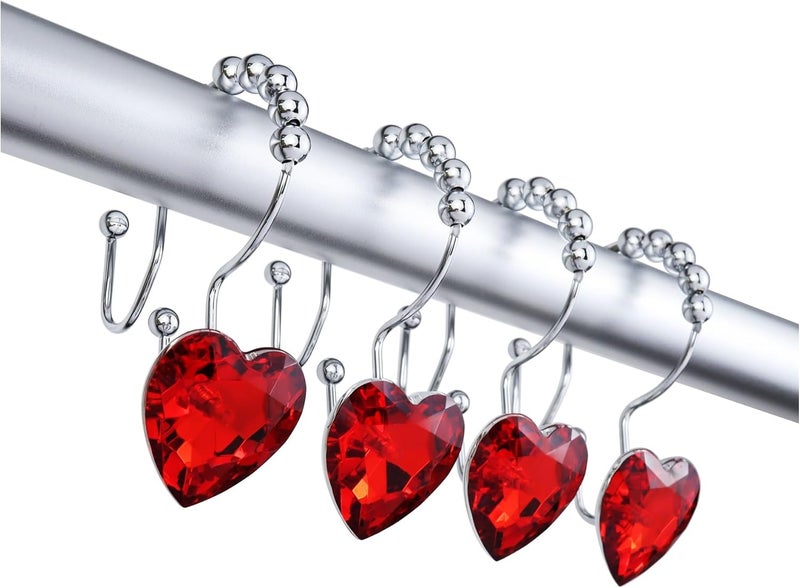 Yapicoco Shower Curtain Hooks Rings for Bathroom, 12PCS Heart Stainless Steel Rust Resistant Decorative Rhinestones Shower Curtain Rings Hangers for Shower Curtains (Double Hook Red) - Image 1